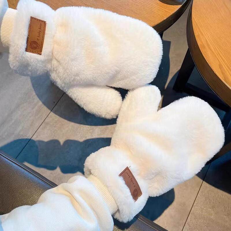 白色保暖毛绒连指手套女秋冬季加绒加厚可爱骑行骑车防冻防风防寒