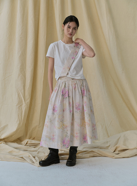 popoup26SS“模糊”春季清新印花可拆卸背带半裙