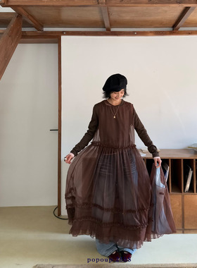 popoup25SS“慕斯”欧根纱花边拼接长袖连衣裙