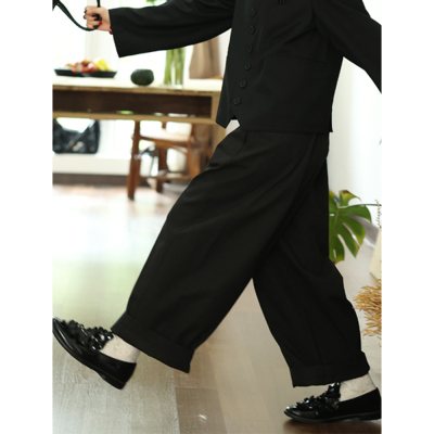 popoup休闲松紧黑色休闲长裤子