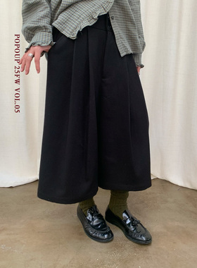 popoup25SS“单车”毛呢压褶黑色保暖九分裤