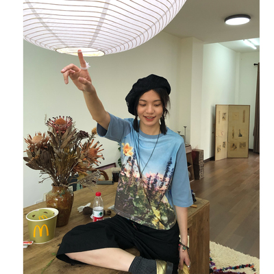 印花宽松圆领夏季休闲短款小众