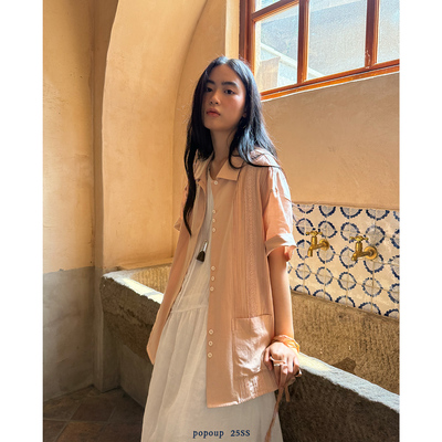 popoup25SS“芭乐”古巴领两穿蕾丝拼接压褶短袖衬衫