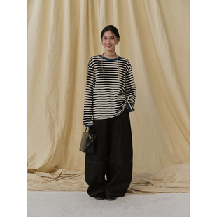 螺纹撞色休闲条纹长袖 popoup26SS 奶盐白条