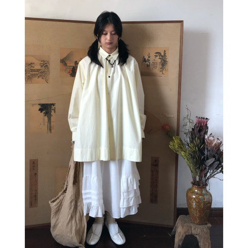popoup常规大摆纯棉带褶纸感衬衫
