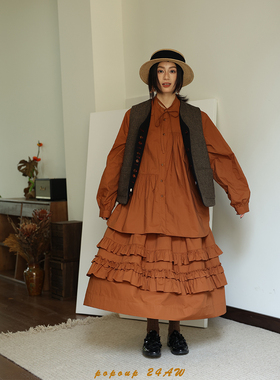 popoup24AW“冻冻”秋季原创设计复古花边灯笼袖娃娃衬衫半裙套装