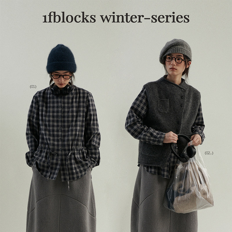 一方二集 复古百搭橘色蓝灰色小立领收腰格纹磨毛收腰衬衫