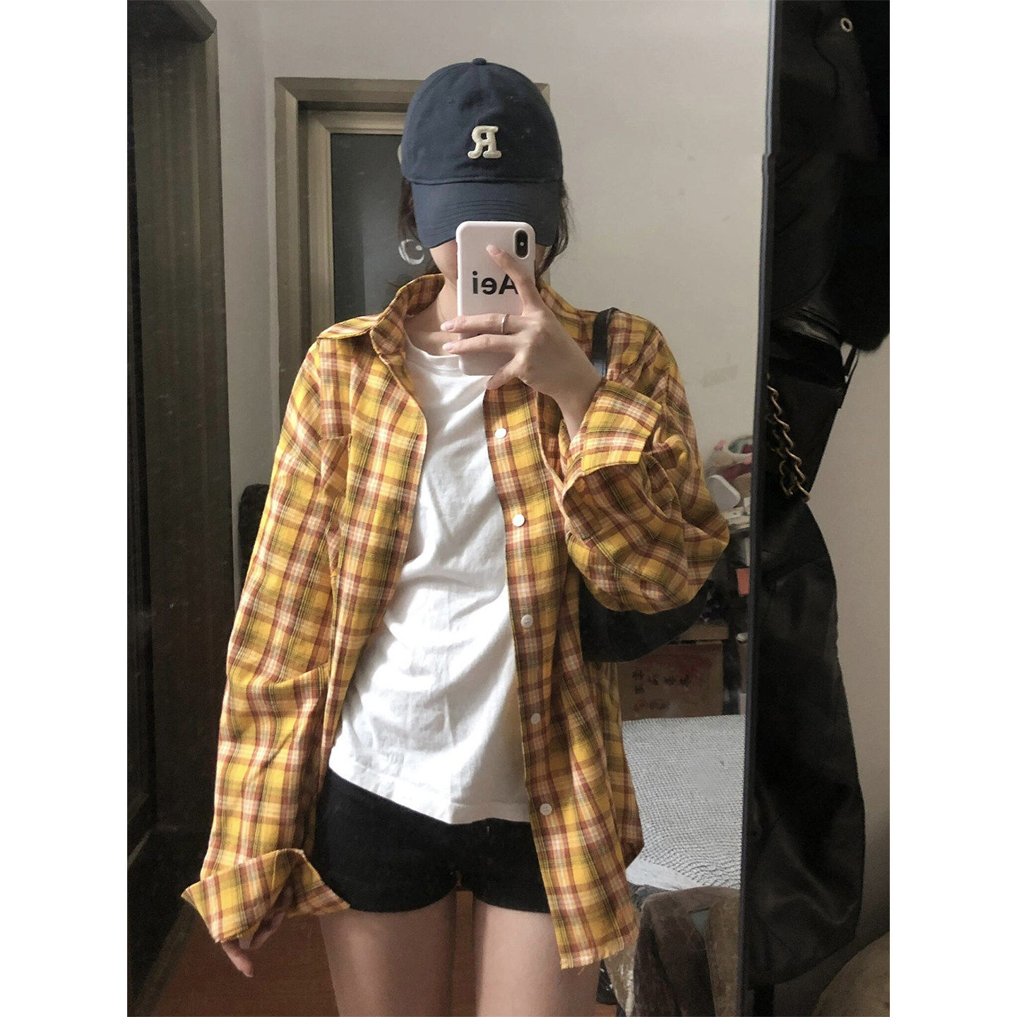 美式多巴胺黄色格子衬衫女款夏季韩系小个子慵懒休闲防晒衬衫外套