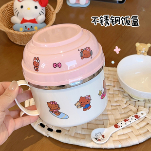 可爱猫咪304不锈钢饭盒带盖大容量快餐杯泡面碗学生宿舍密封饭碗