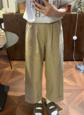 三吉韩系卷边直筒显瘦休闲裤 卡其色直筒休闲裤