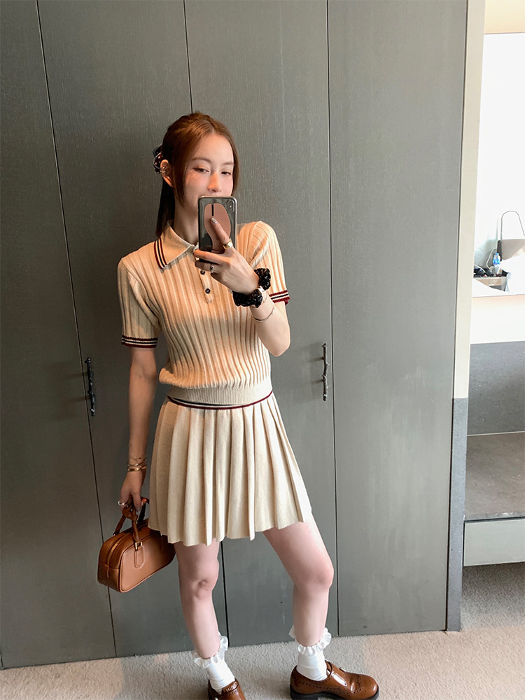 [13C]컬리지 스타일 콘트라스트 스트라이프 반팔 탑|캐미솔|플리츠 스커트 니트 3종 세트