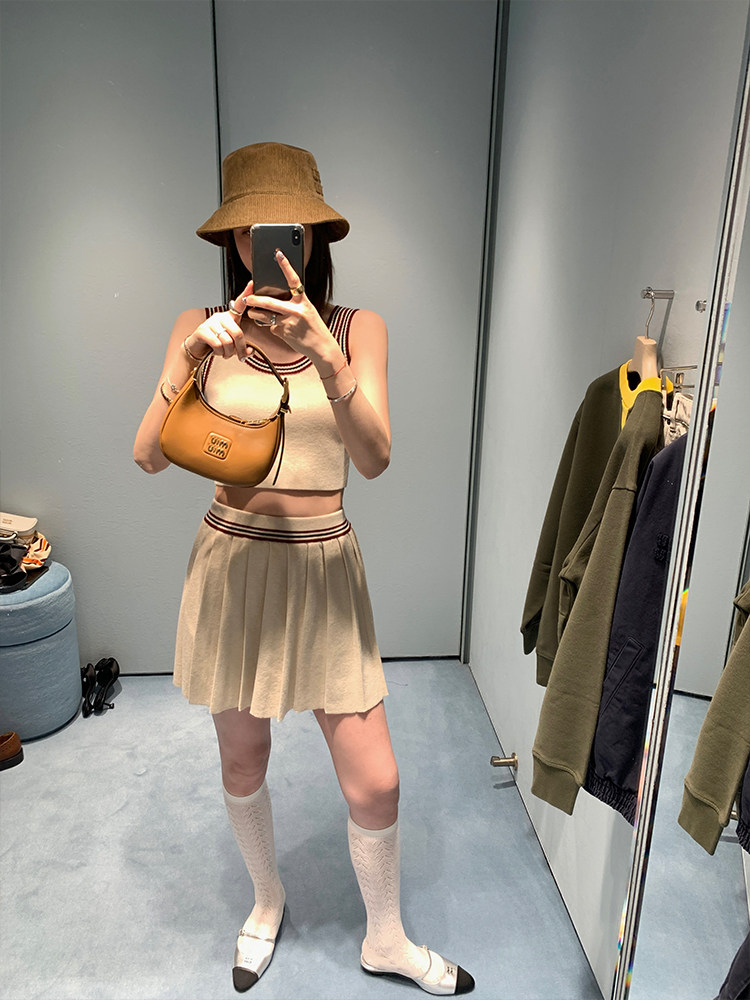 [13C]컬리지 스타일 콘트라스트 스트라이프 반팔 탑|캐미솔|플리츠 스커트 니트 3종 세트