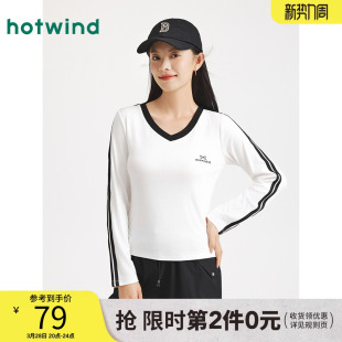 T恤上衣白色打底衫 热风女士V领长袖 运动风长袖 新款 T恤2025年秋季
