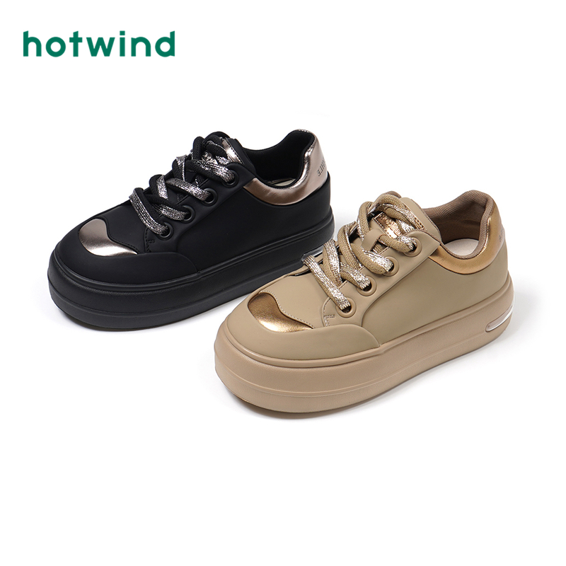 热风2024年秋季新款女士时尚圆头休闲鞋松糕底显高板鞋运动女鞋潮