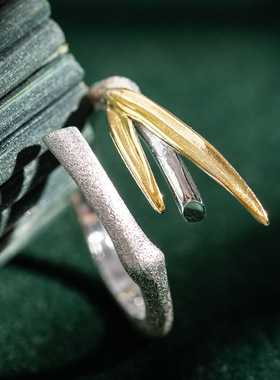 素十八s925银原创设计个性新中式竹节戒指时尚简约竹叶活口指环