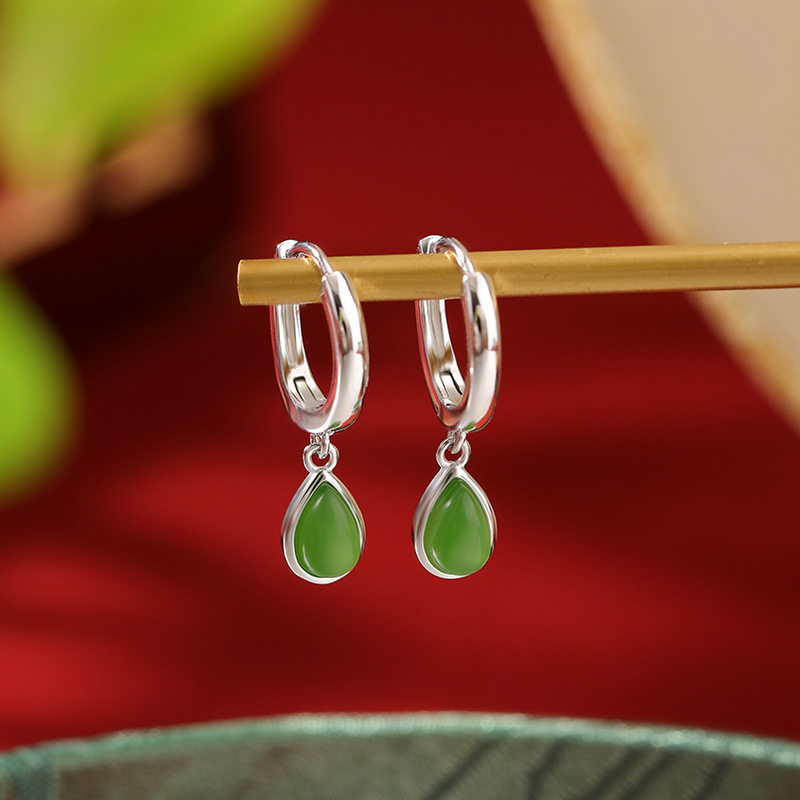 悦宝珠宝S925纯银和田玉碧玉耳环复古气质优雅水滴形耳坠耳环耳饰
