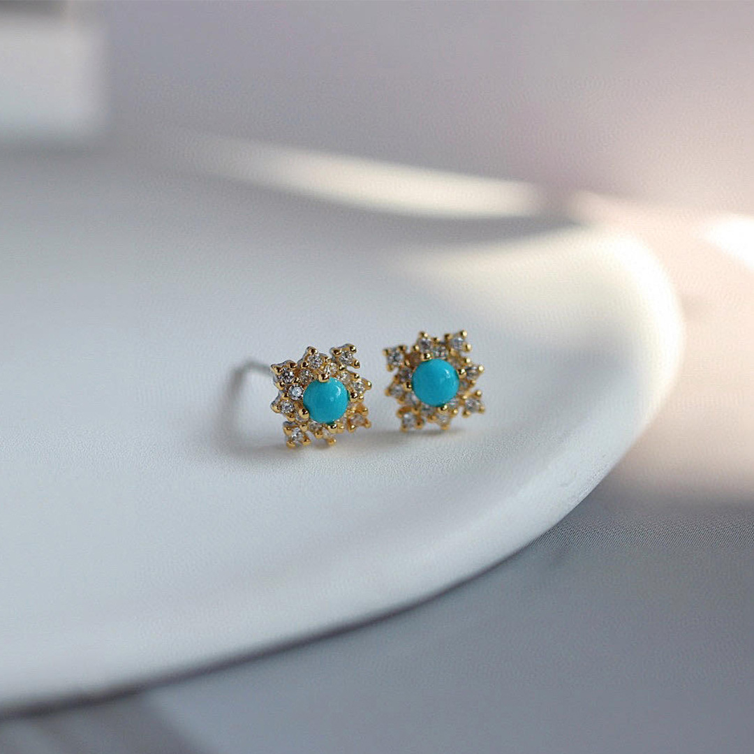 天然无优化原矿美国睡美人蓝松石耳钉s925银百搭美国绿松石耳钉