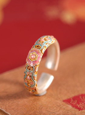 人品银品时尚国潮手饰足银999.9烧蓝珐琅描金戒指开口镂空新中式