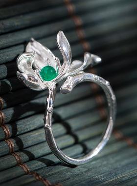 素十八s925银原创设计新中式绿玉髓荷花戒指简约时尚花卉活口指环