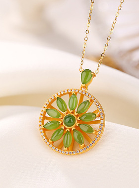 S925纯银镀金和田玉碧玉气质时来运转风车吊坠复古个性挂