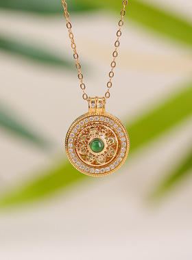 悦宝珠宝天然翡翠S925纯银镀金八宝罗盘镂空可转动精致中式银吊坠