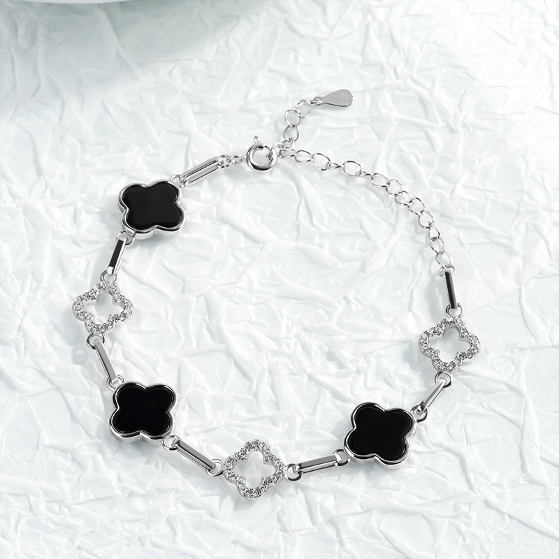 S925银镶嵌天然墨翠A货翡翠墨玉四叶草手链玉石时尚女银链可调节