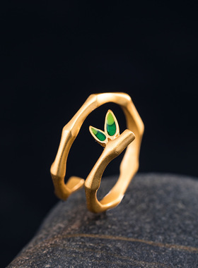 素十八s925银国潮创意新中式竹节指环女时尚个性民族风竹叶子