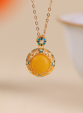 悦宝珠宝蜜蜡S925纯银镀金如意珐琅圆形镂空新中式国潮银吊坠定制