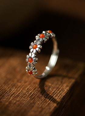 中国风小花环南红玛瑙花朵戒指春夏新品森系小清新树叶水滴首饰