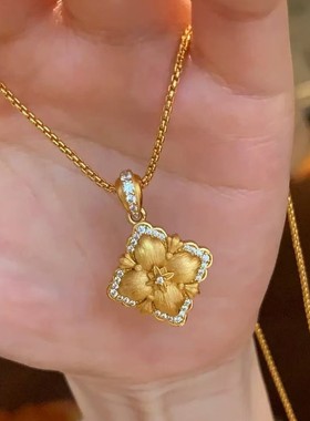 意大利中古拉丝工艺布家四叶草双面戴项链金色复古宫廷布契风