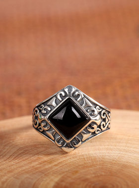 人品银品S925银镶黑玛瑙戒指个性泰银精工活口指环中东风格做旧