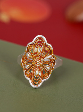 人品银品民族风国潮手饰足银999花丝描金戒指开口复发食指戒百搭