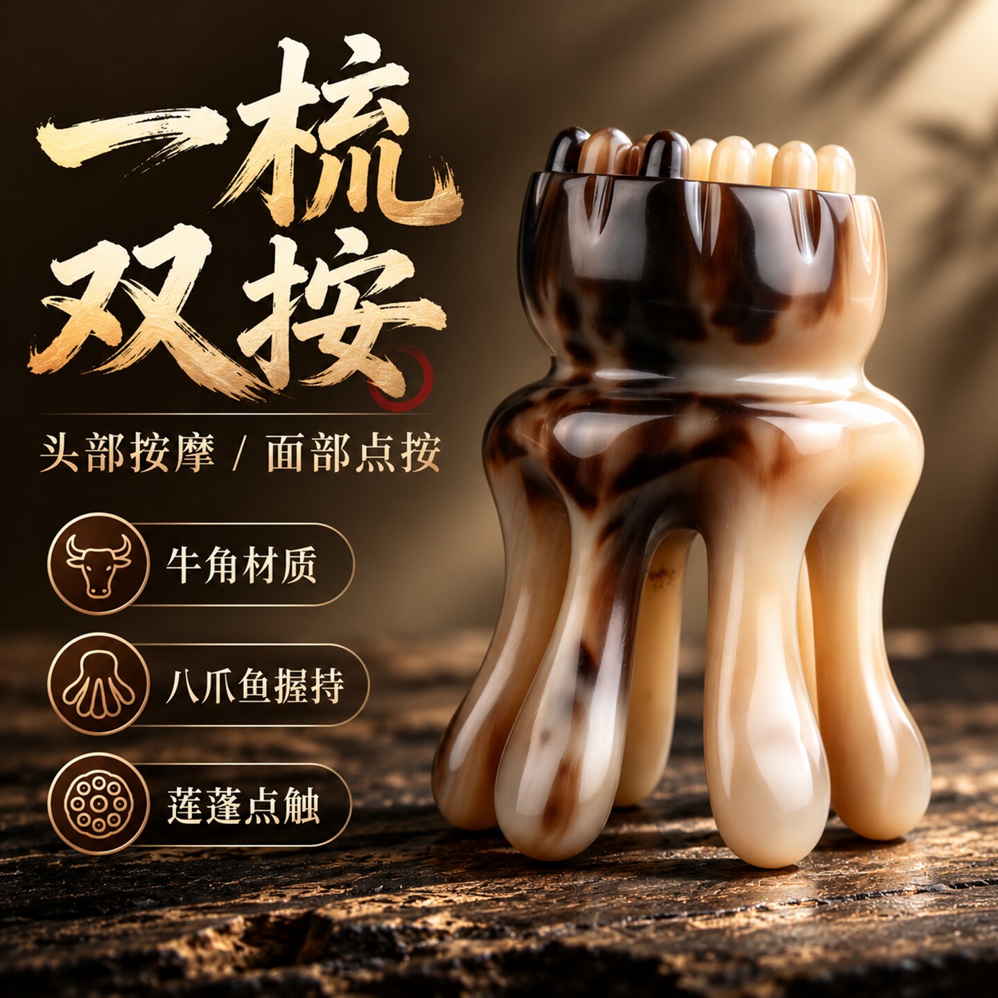 牛角头部按摩梳多功能莲蓬八爪鱼握持面部点按刮痧器经络按摩神器