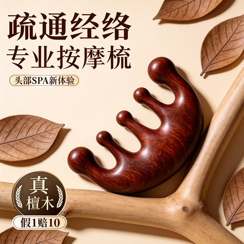 手工打磨檀木按摩梳经络点穴