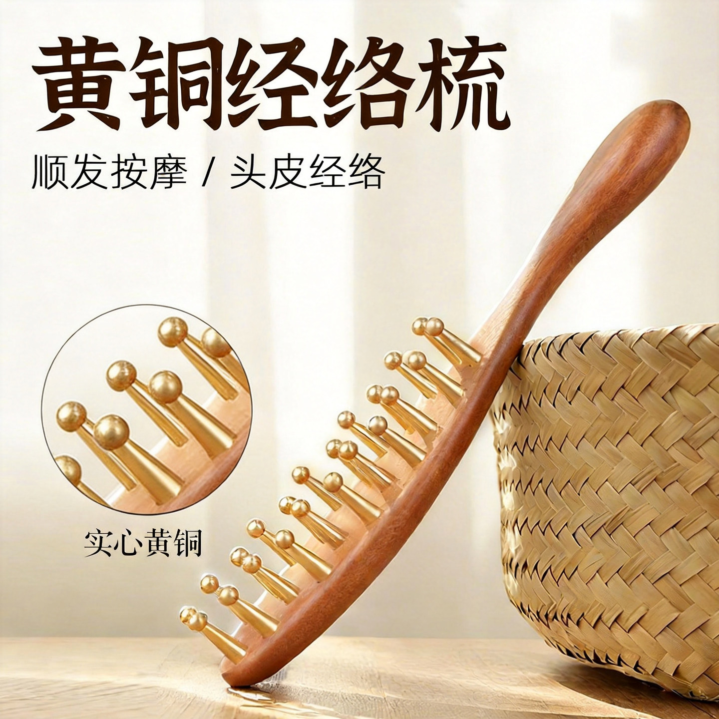 黄铜经络梳按摩梳子头皮头部舒缓筋络加厚宽齿疗通男女士金丝檀木