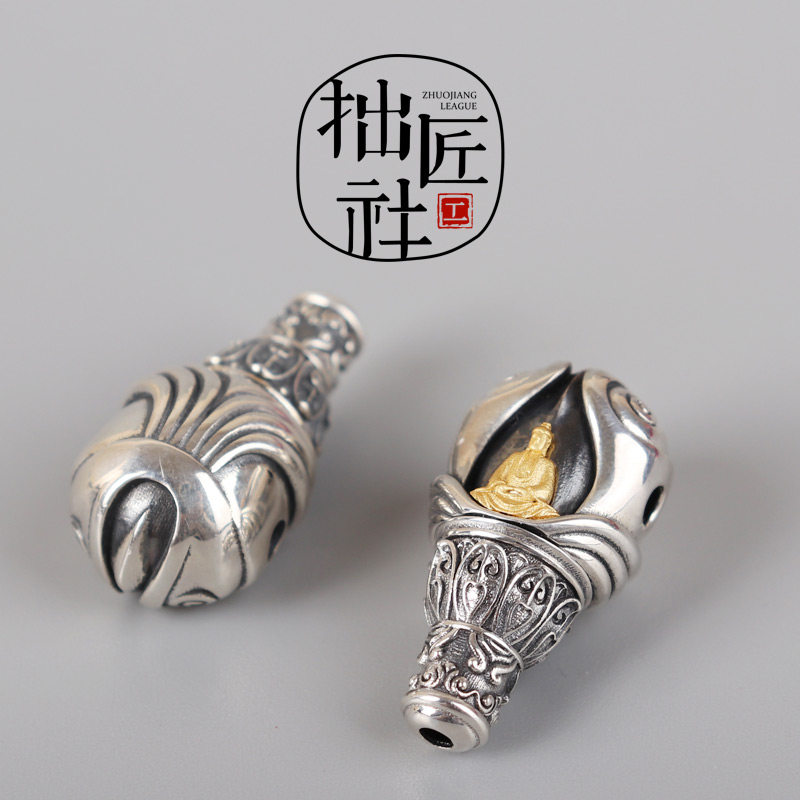 藏式925银无相佛佛头 佛珠念珠手串莲花三通 手作diy配件
