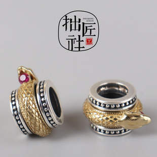 复古925银蛇配饰 可转动镶嵌铜大孔手作diy配件 手串项链隔珠卡环
