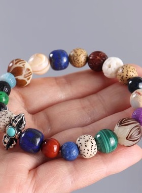 时尚百搭多宝手串 藏式银金刚杵手串 菩提南红青金石天珠手链饰品