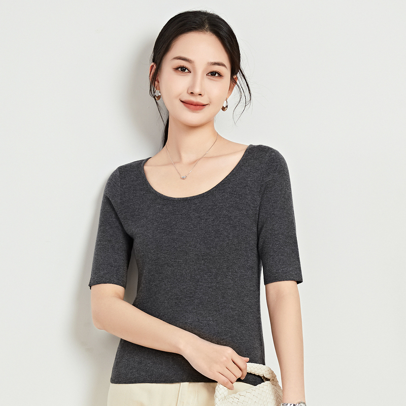 Q含羊毛短袖针织衫女春夏新款薄款纯色竖坑绞花修身套头上衣