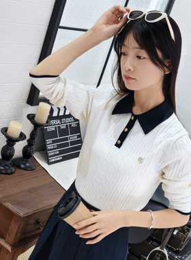 保罗彼得专柜正品女士长袖针织翻领拼接2025秋季新款LLECZ00821