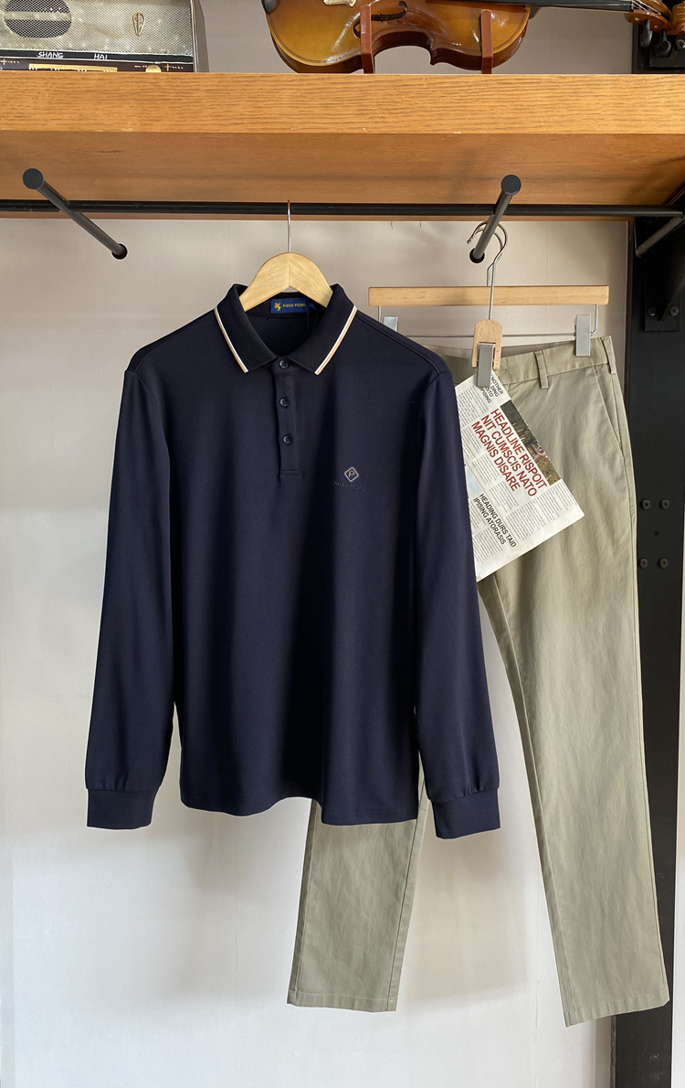 保罗彼得男士翻领长袖polo衫舒适