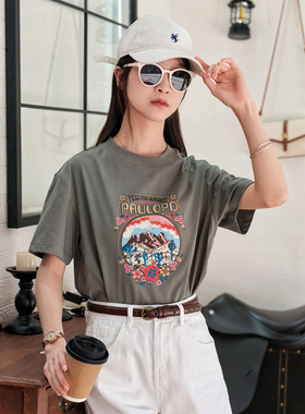 保罗彼得专柜正品2025新款女士舒适灰色印花短袖T恤TBEB43512休闲