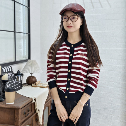 保罗彼得专柜正品秋季新款女士条纹长袖针织衫开衫气质SLECZ00152