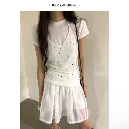umbriel 春夏波点挂脖背心短袖t恤两件套女ins韩版修身小众上衣