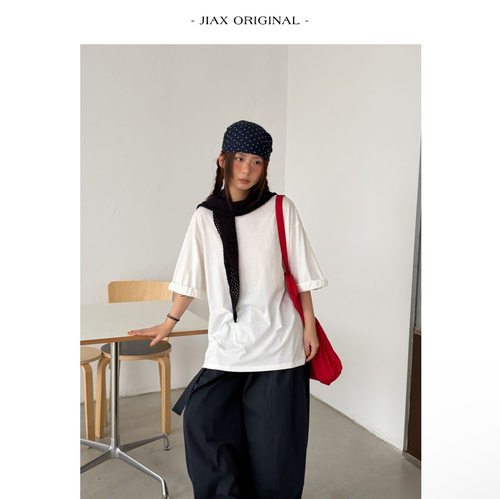 UPONE 韩系捏褶花边袖设计感圆领T恤女ins小众宽松短袖上衣