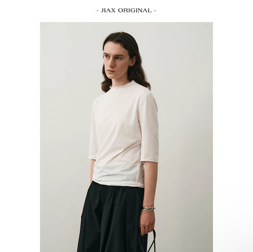 FN 春夏散口五分袖薄款休闲t恤女ins韩版长绒棉小圆领打底上衣