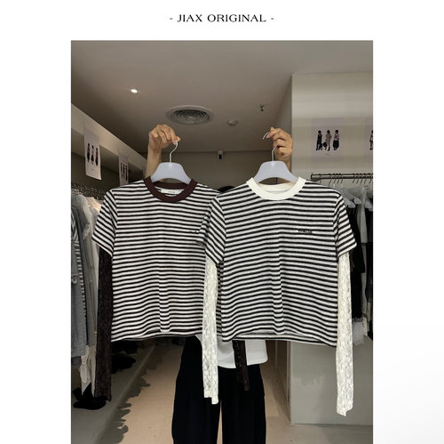 JIAX 春夏刺绣字母条纹拼接蕾丝袖假两件上衣女韩系短款叠穿t恤