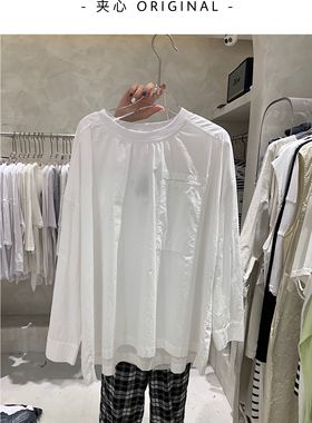 ANO2025早春新款简约单口袋白色圆领上衣韩版宽松显瘦薄款长衬衣T