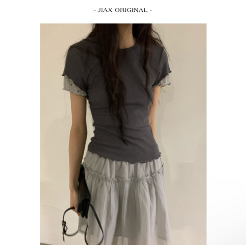 umbriel春夏拼接波点双层袖设计感打底t恤韩版修身显瘦辣妹风上衣