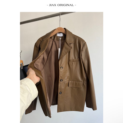 JIAX 2026早春复古港风PU皮西装外套女ins韩版廓形显瘦皮衣西服
